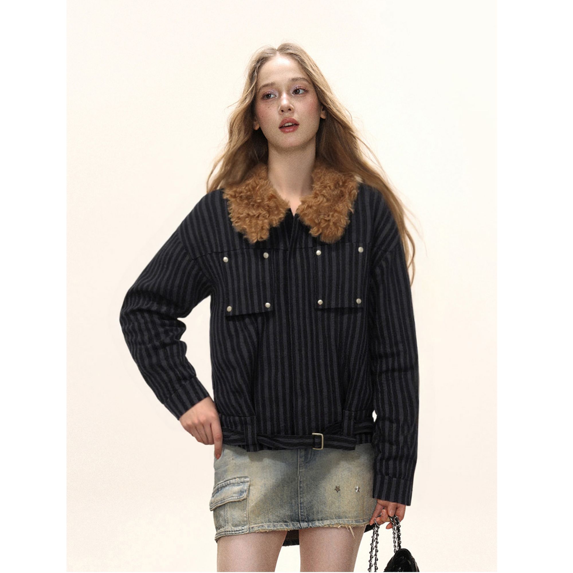 QYao Girls黑色灯芯绒条纹毛领外套女冬季加厚保暖短款夹克上衣