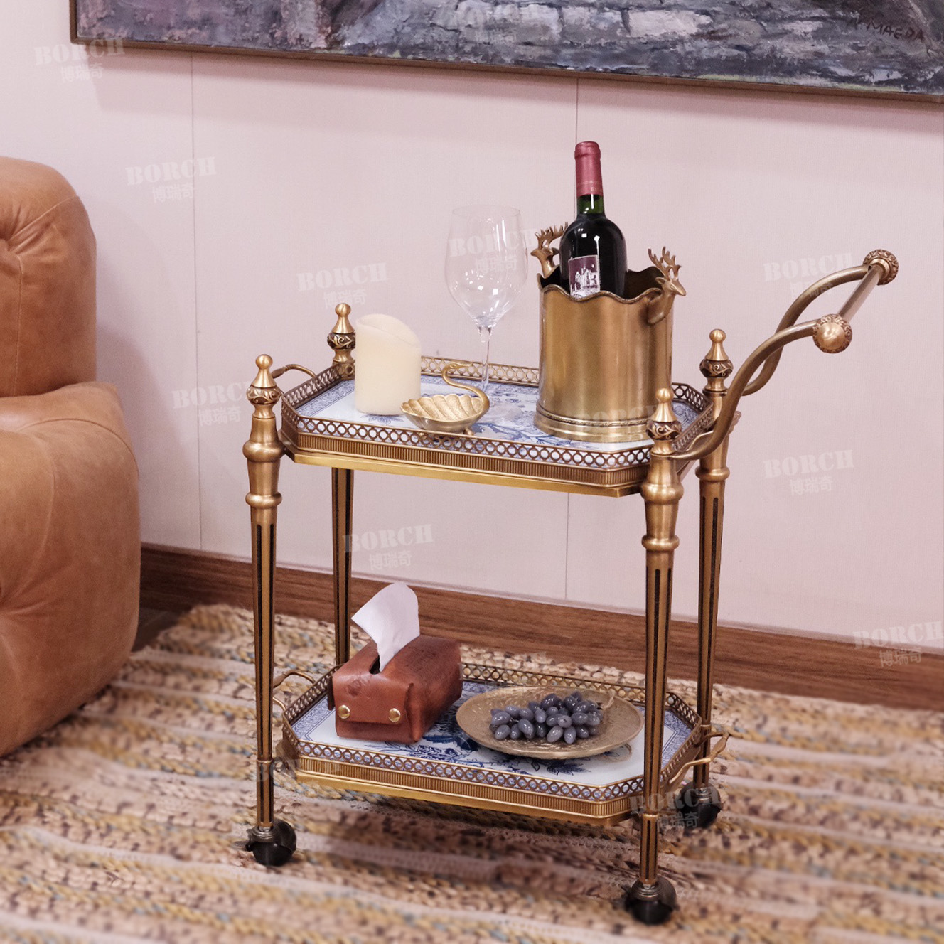 博瑞奇中古法式黄铜双层托盘移动推车边几餐车二层茶几09483
