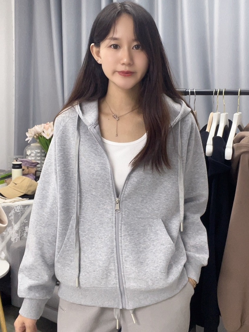 棉女生连帽卫衣春季新款插肩袖外套宽松纯色拉链运动休闲外套爆款