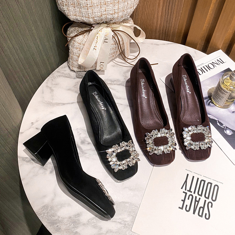 浅口单鞋通勤必备百搭水钻扣款ol方头高跟鞋方钻方头水钻女鞋