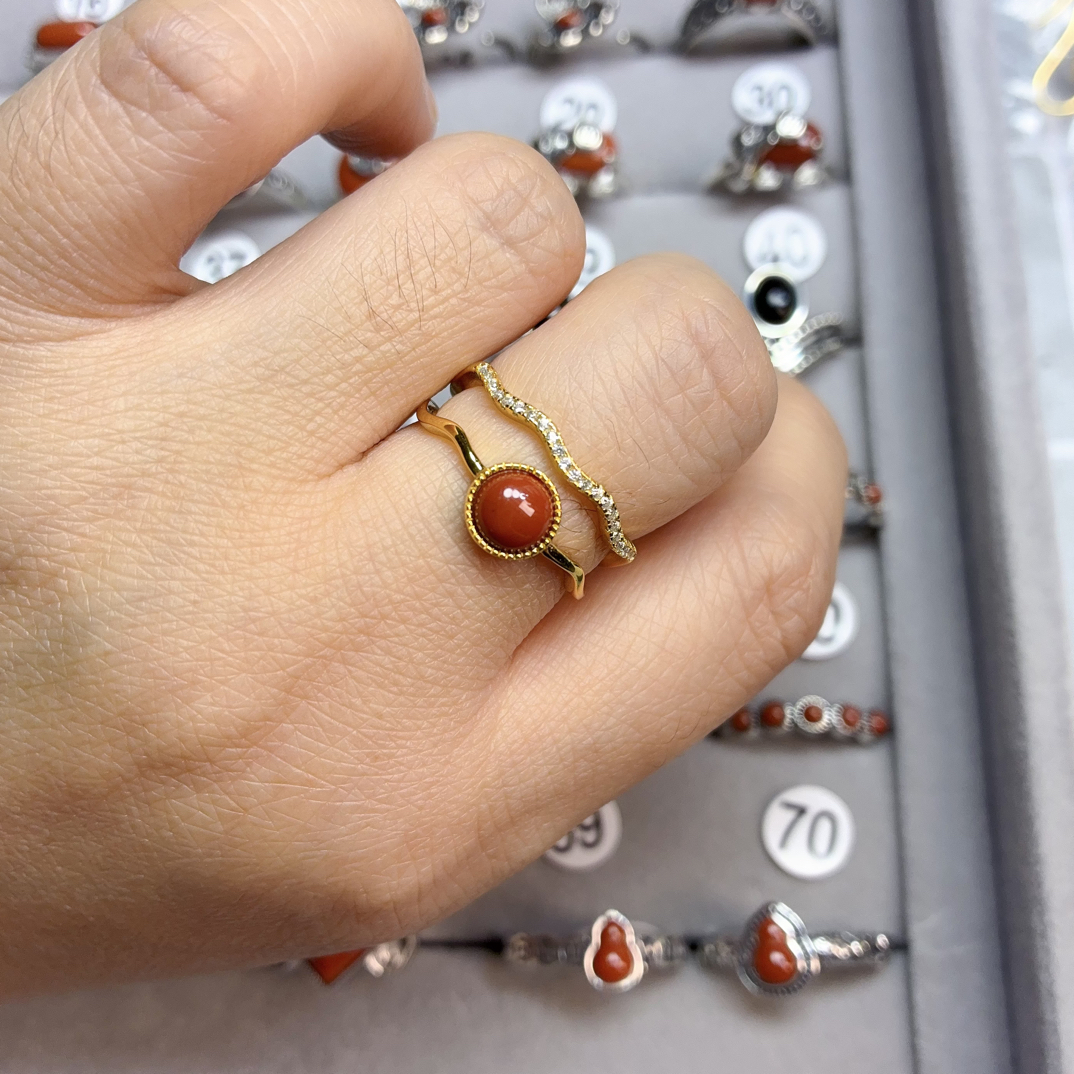 通体纯银天然南红戒指