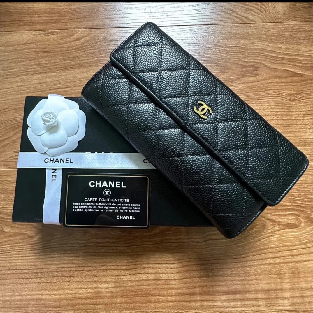 99新 Chanel/香奈儿 Chanel黑金荔枝纹长款钱包 25120057-02