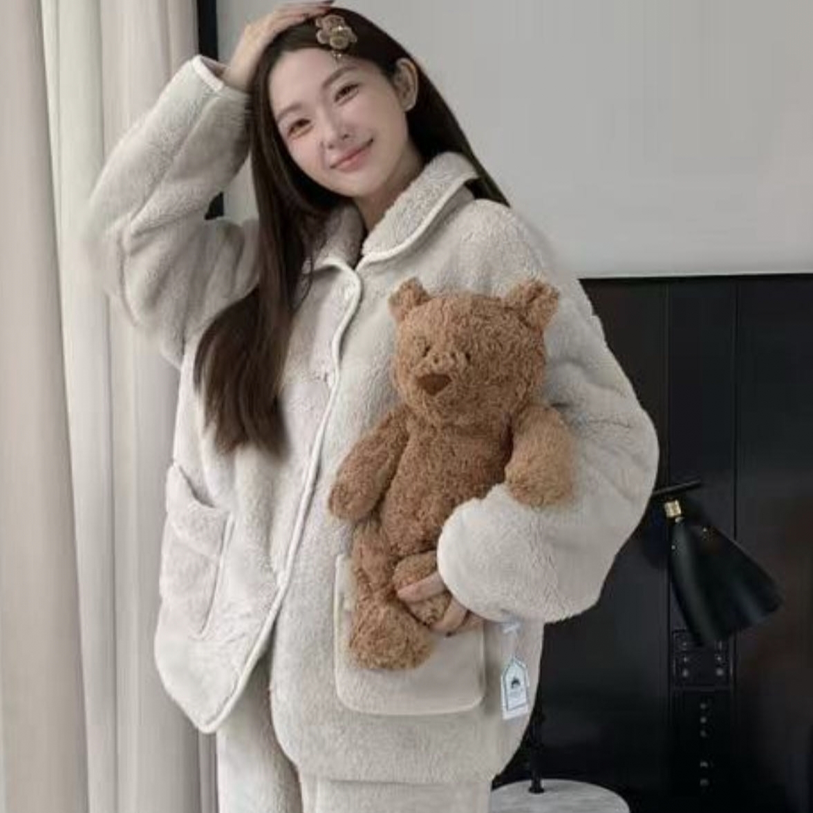 米姗冬季新款加绒保暖翻领简约家居服可外穿睡衣套装