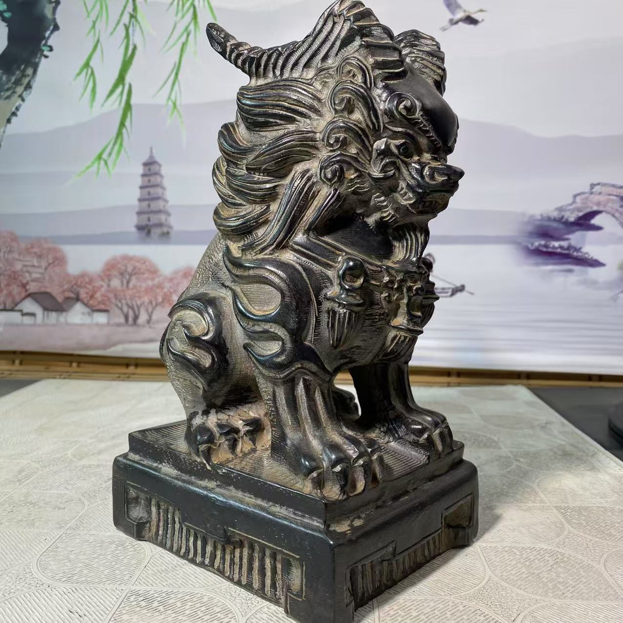 聚鹏阁石雕山西青石上古灵兽白泽造型摆件高30宽13长17公分左右