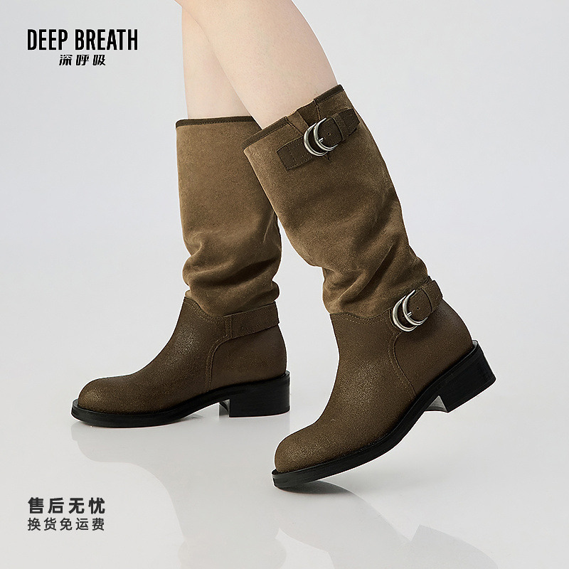 DEEP BREATH深呼吸女鞋松弛感堆堆靴巴恩风马靴牛皮长靴AX15247-1