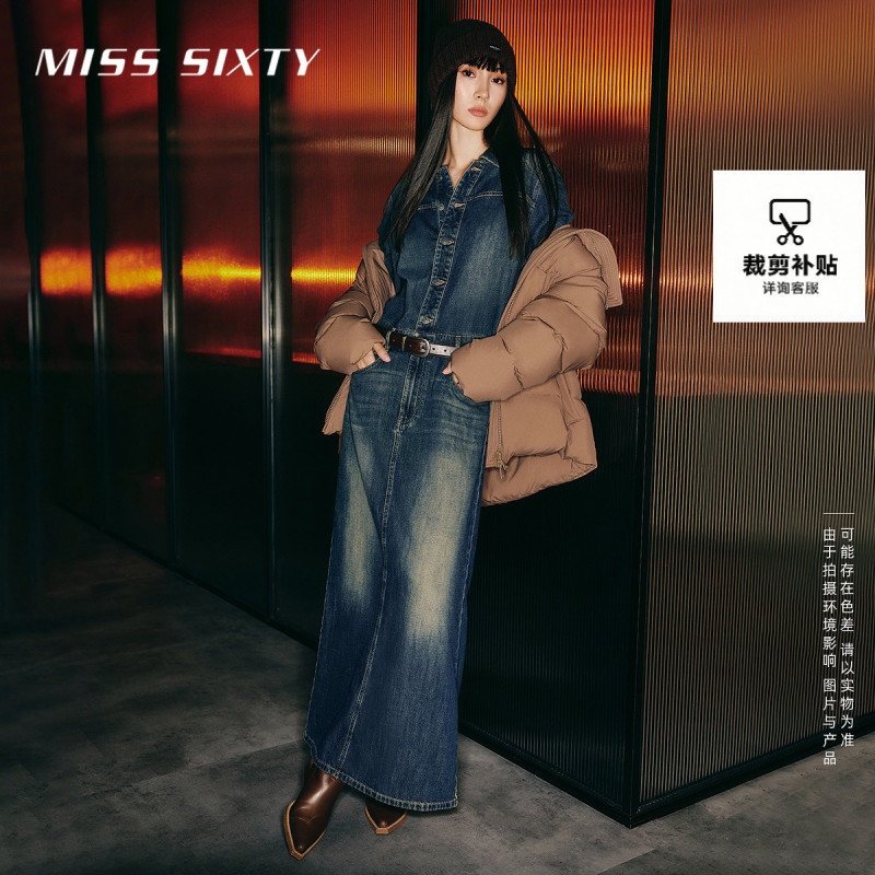 Miss Sixty牛仔连衣裙女长袖美式复古后开衩设计工装长裙