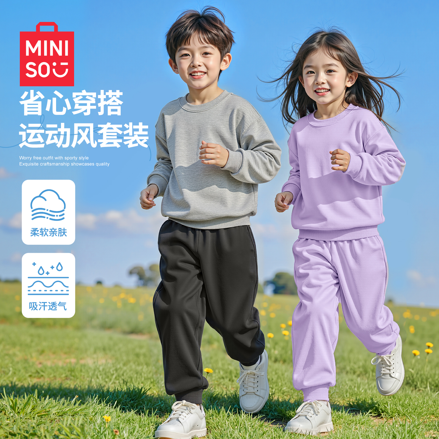 名创优品女童套装2025新款春秋款帅气运动男大童卫衣裤子儿童秋装