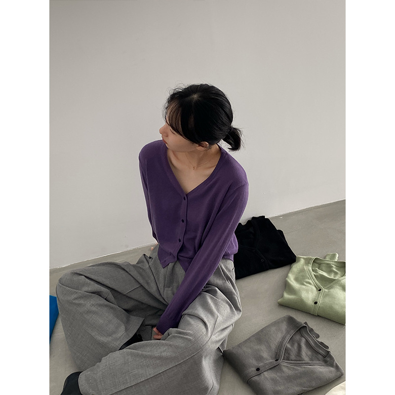 202qiu 10羊毛韩系休闲简约V领针织开衫女秋减龄百搭长袖上衣