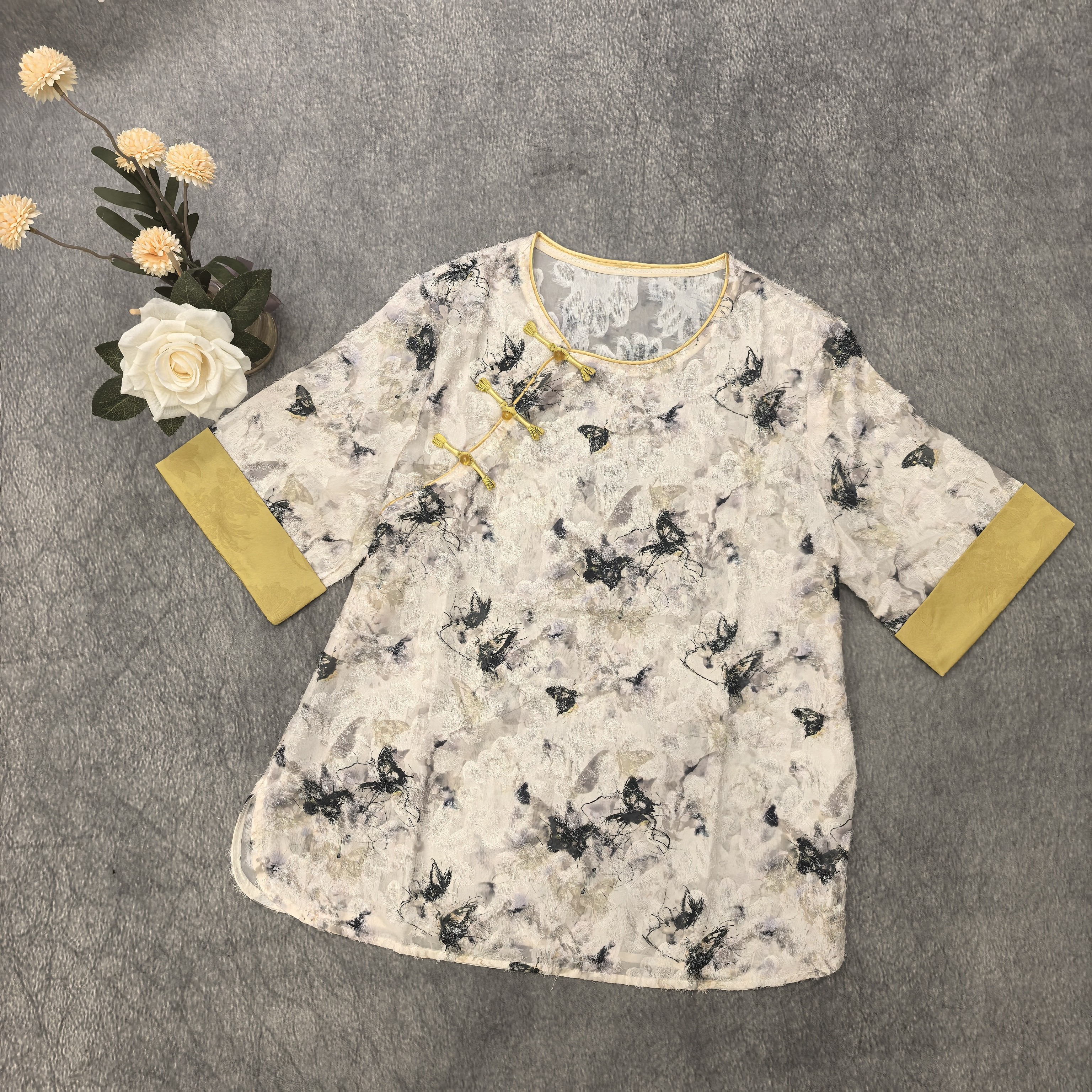 夏季大码拼色挽袖暗花新中式宽松洋气小衫