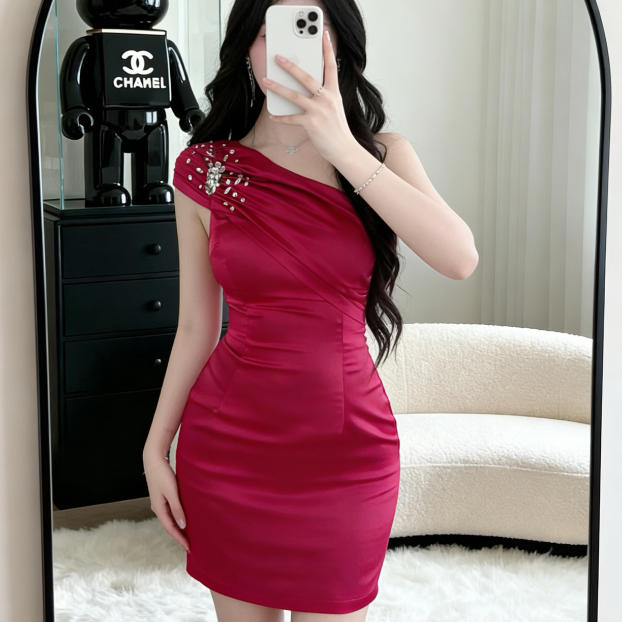 高级感重工法式斜肩收腰修身显瘦女礼服裙宴会用