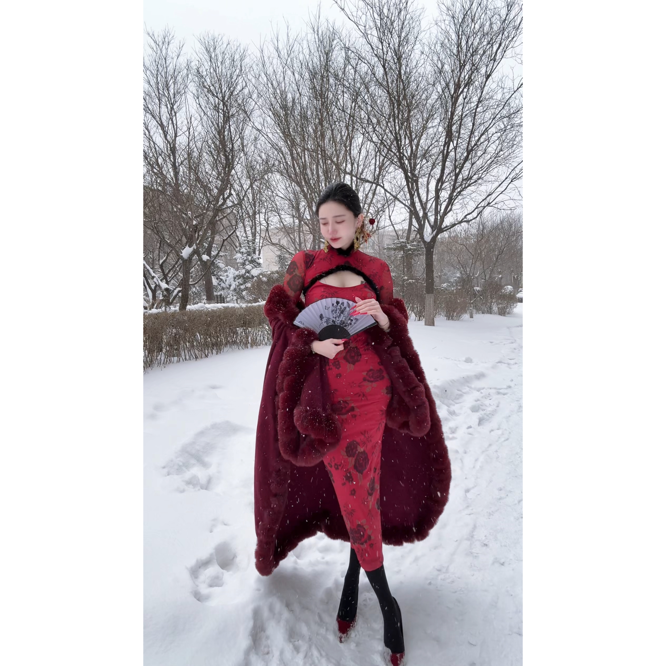 原创自制【东方不败】新中式镂空网纱性感玫瑰印花连衣裙修身旗袍