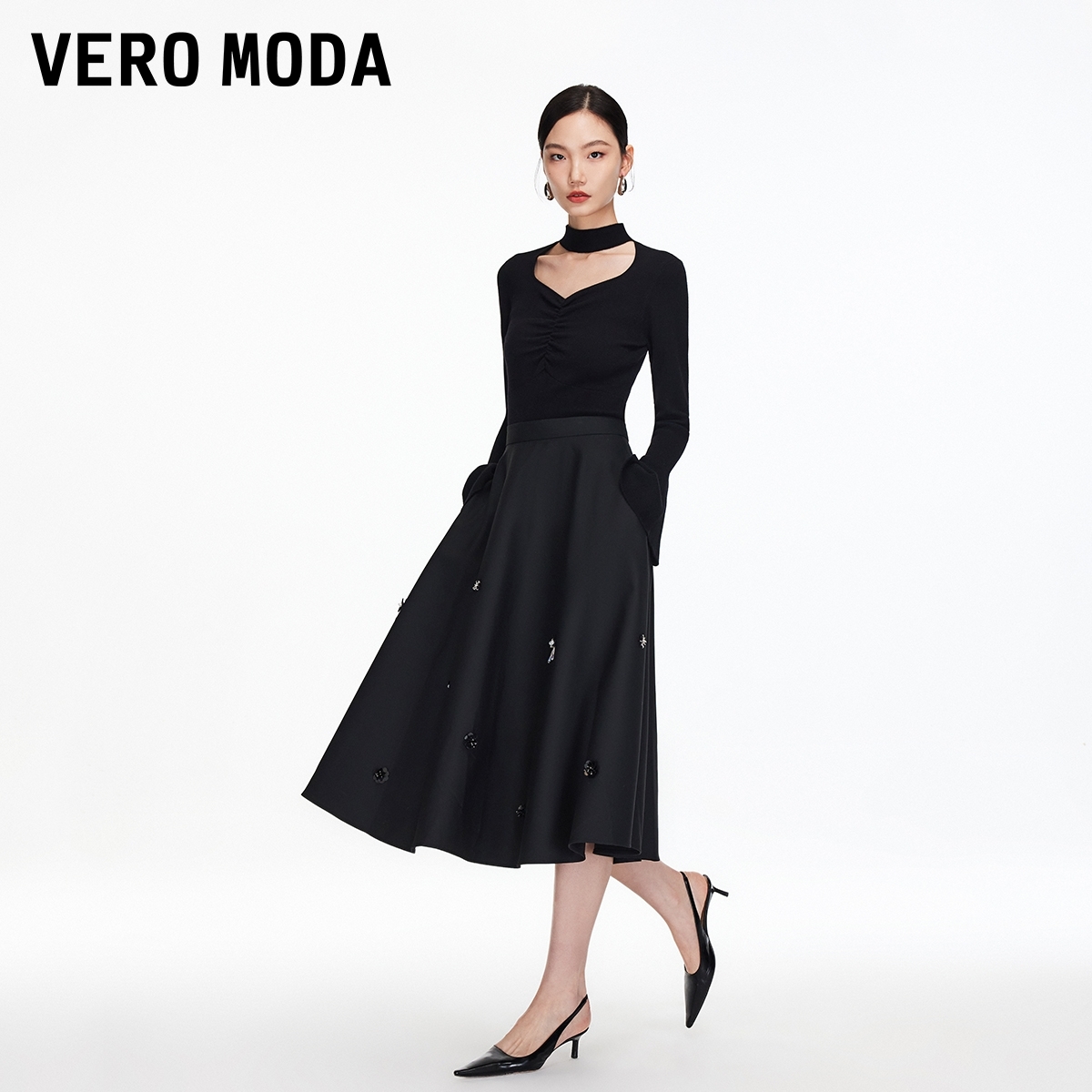Vero Moda半身裙2025秋季新立体珠饰A字伞裙气质百搭松弛感慵懒