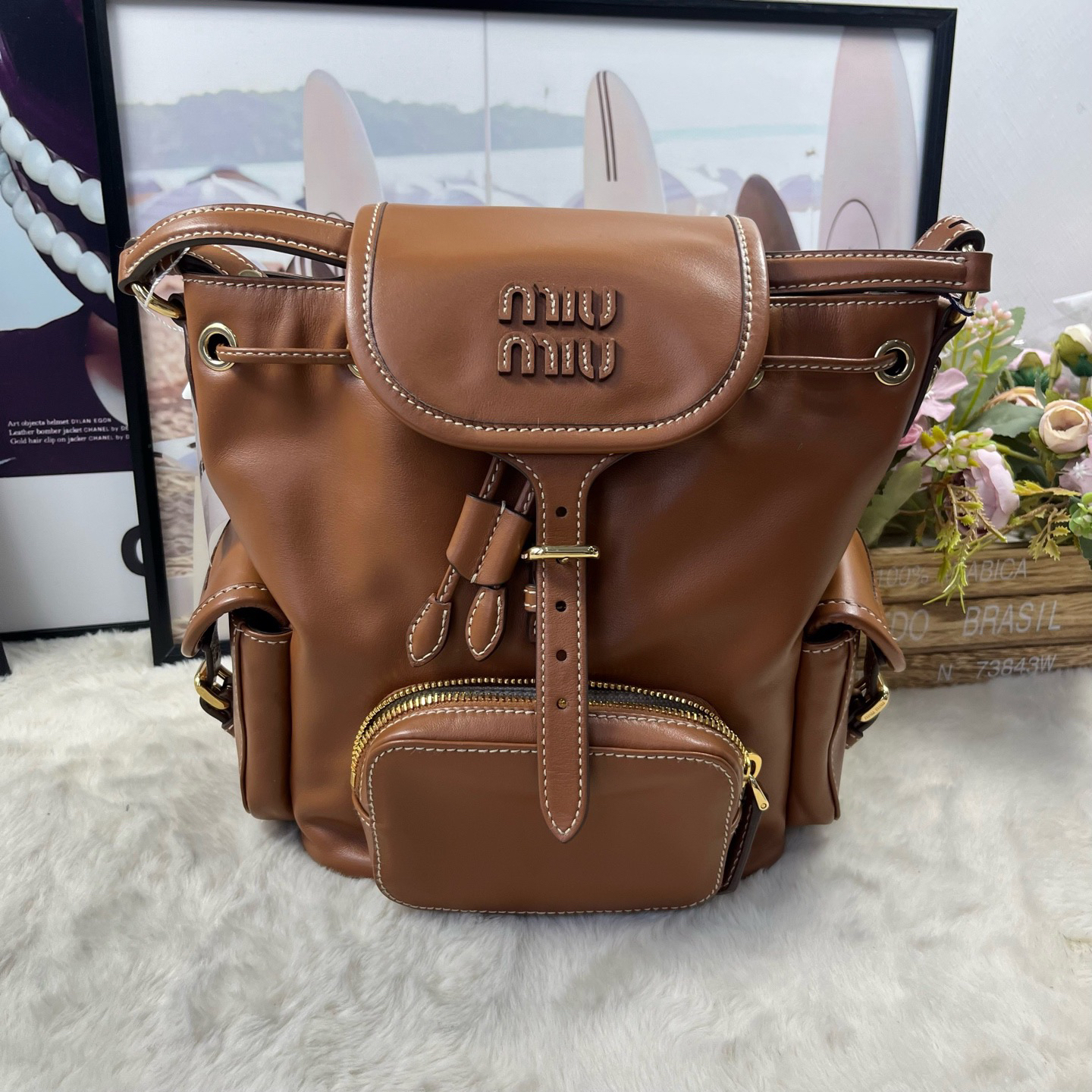 未使用 MIU MIU/缪缪 缪缪干邑色双肩包小号（未使用）