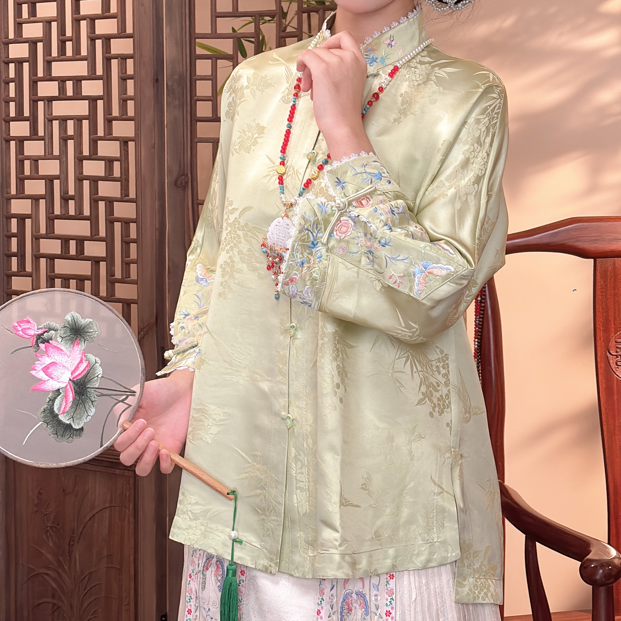 [宛竹]桑蚕丝秋装立领对襟重工刺绣小衫新中式国风宽松上衣