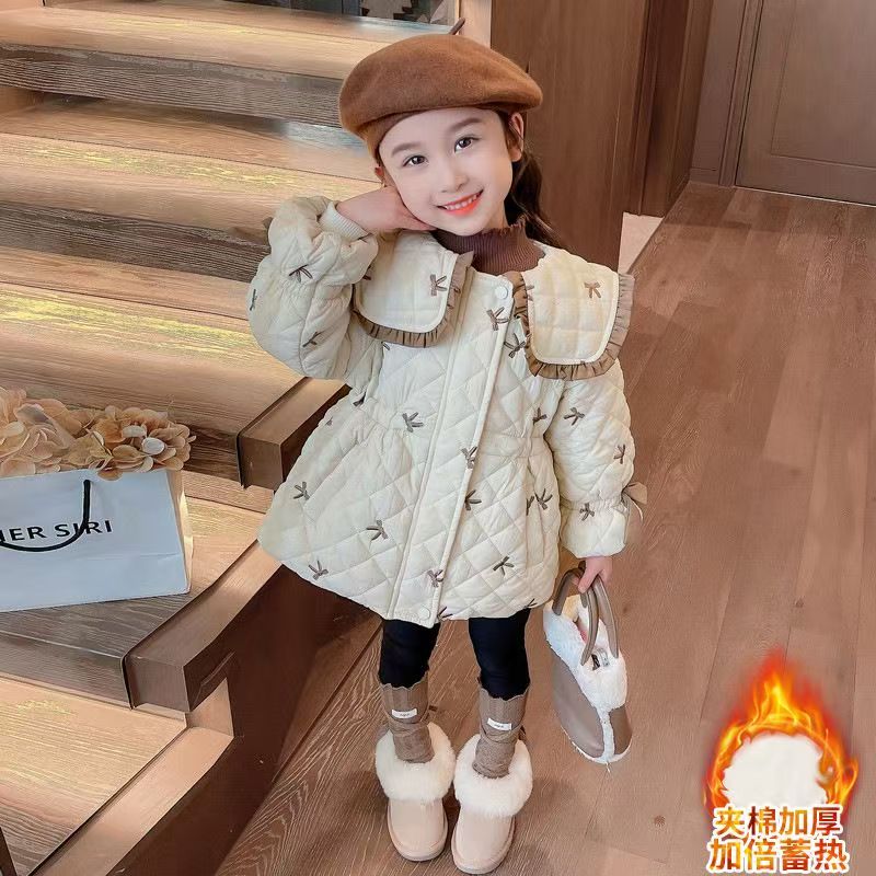 S05女童冬季蝴蝶结米色加绒外套