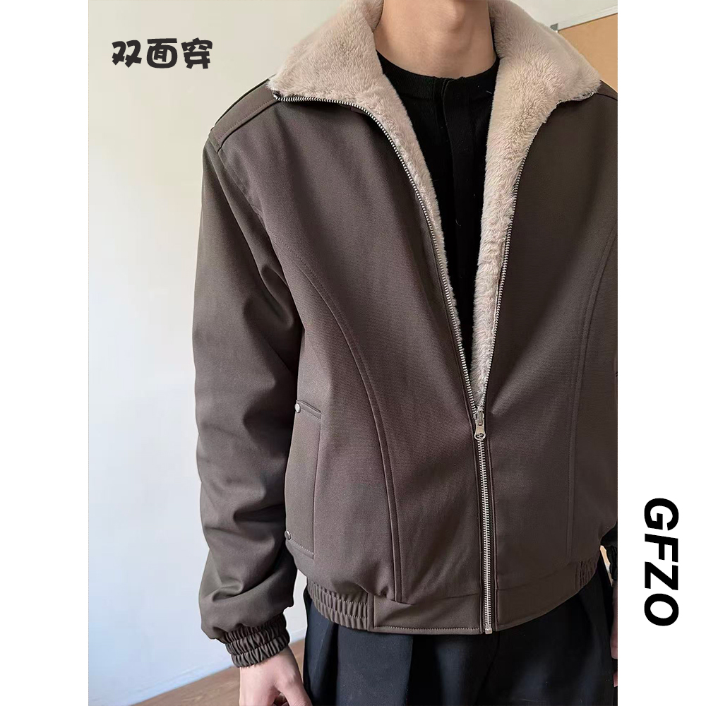 双面穿座山雕~加厚重磅弧形剪裁棉衣美式硬挺仿兔毛保暖棉服外套