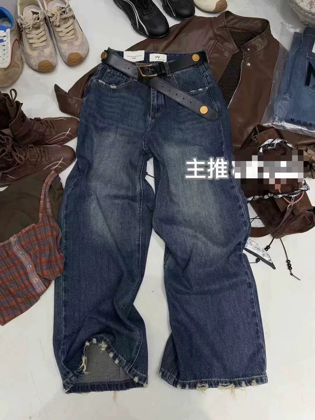 复古深蓝色高腰阔腿牛仔裤宽松显瘦百搭垂感直筒阔腿裤