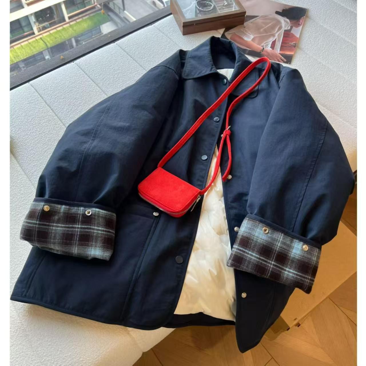 【冬季新款】英伦风羽绒内胆翻领宽松显瘦保暖羽绒服格子撞色