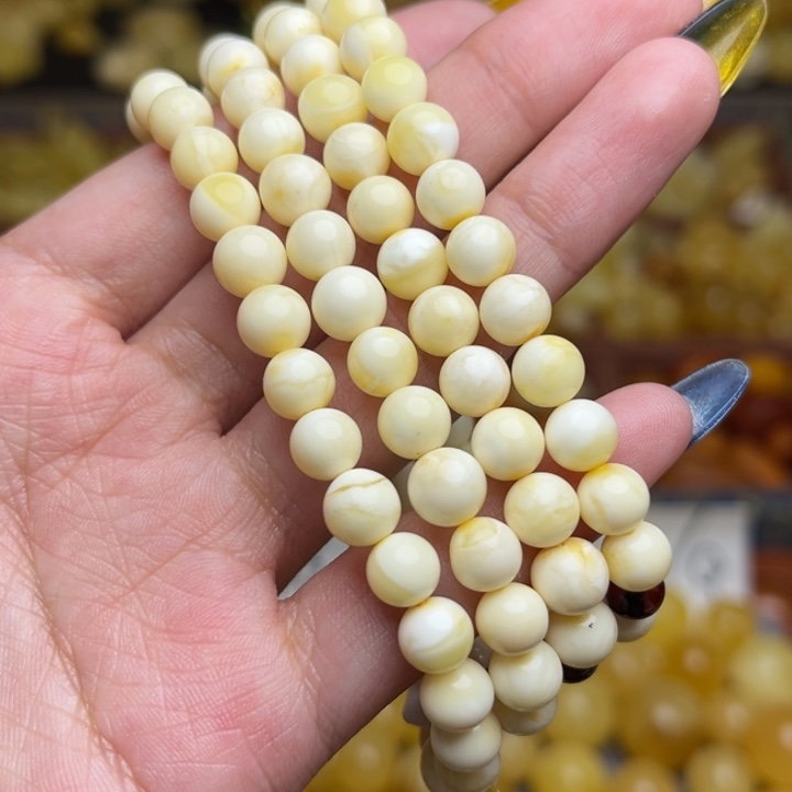 蜜蜡未镶嵌珠宝奇石182-原矿瓷白满蜡精品108链子项链多圈