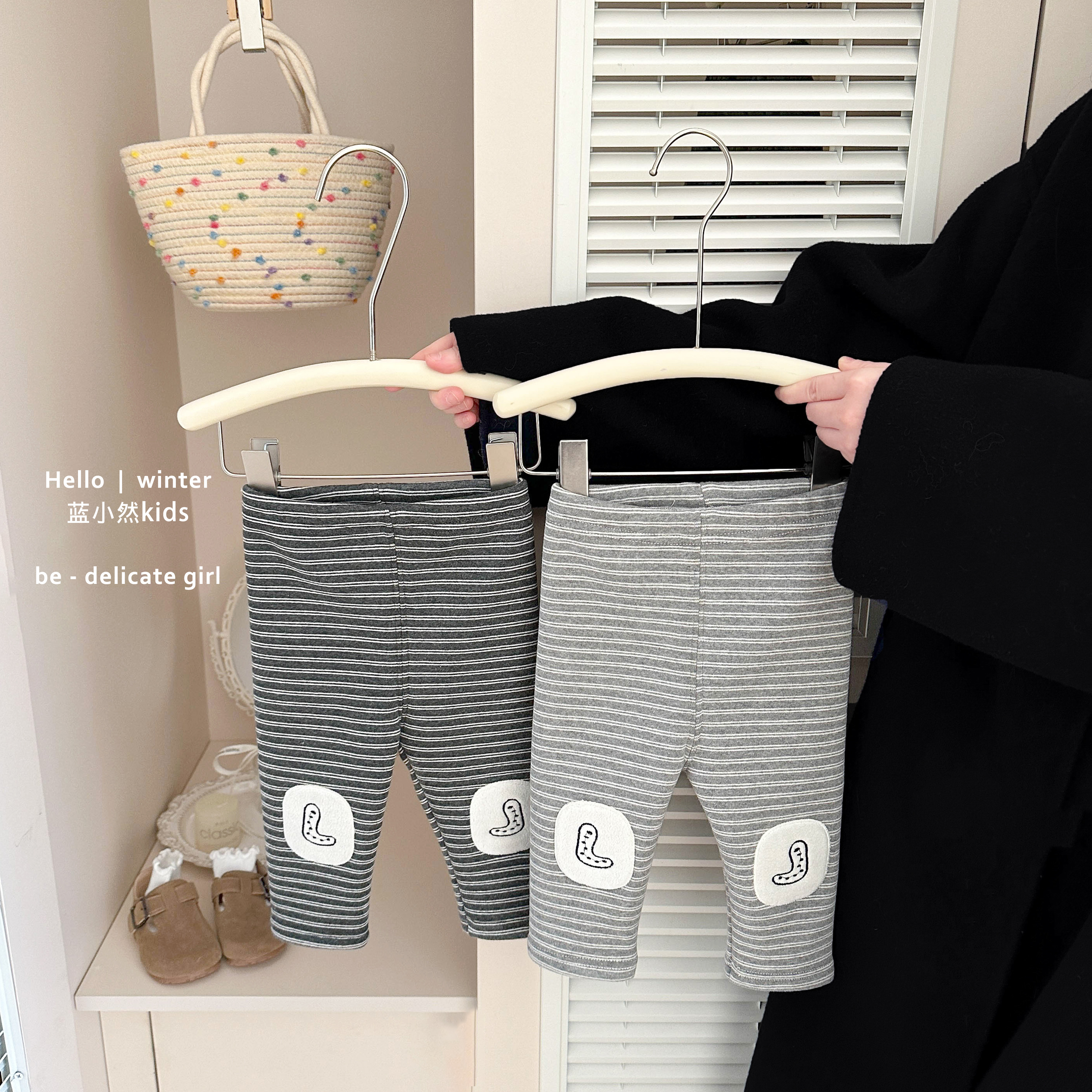 K25D123女童冬款洋气条纹加绒打底裤女宝宝加厚保暖裤子婴儿长裤