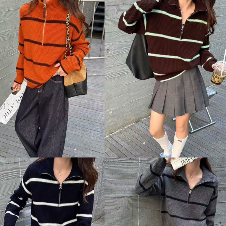 条纹学院风针织圆领长袖毛针织衫开衫休闲百搭套头
