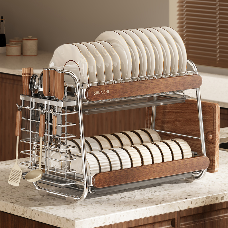 帅仕304不锈钢碗碟收纳架厨房置物架台面多功能放碗筷盘沥水碗架