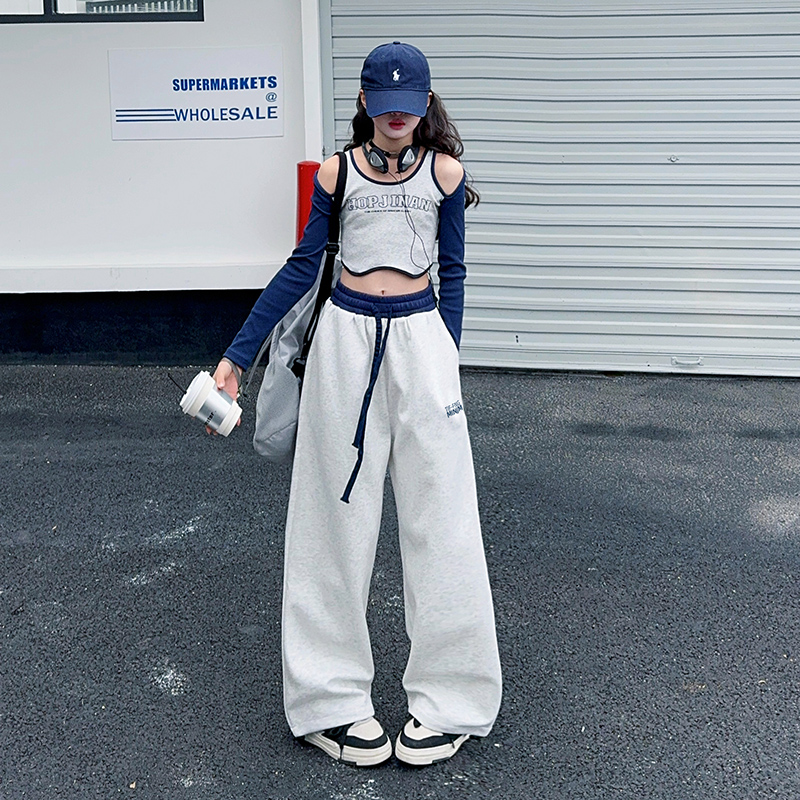 女童套装春秋2025新款中大童甜辣露肩上衣T恤高直筒运动裤两件套