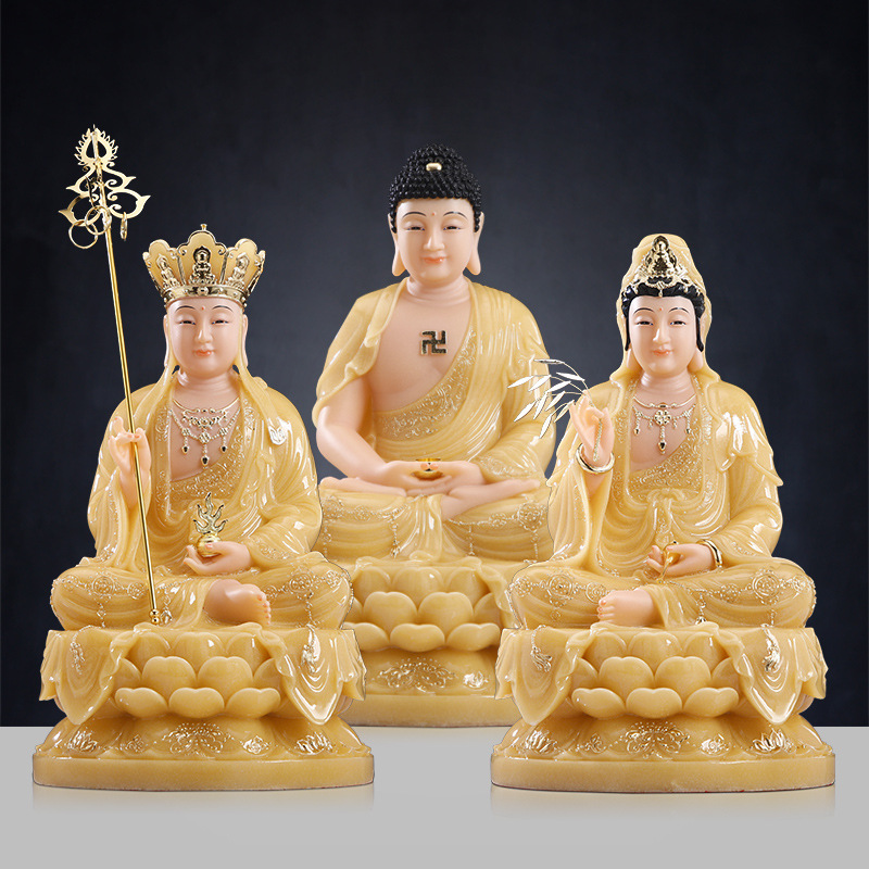 圆通玉石坐莲观音菩萨释迦地藏王佛像娑婆三圣家居佛堂工艺品摆件