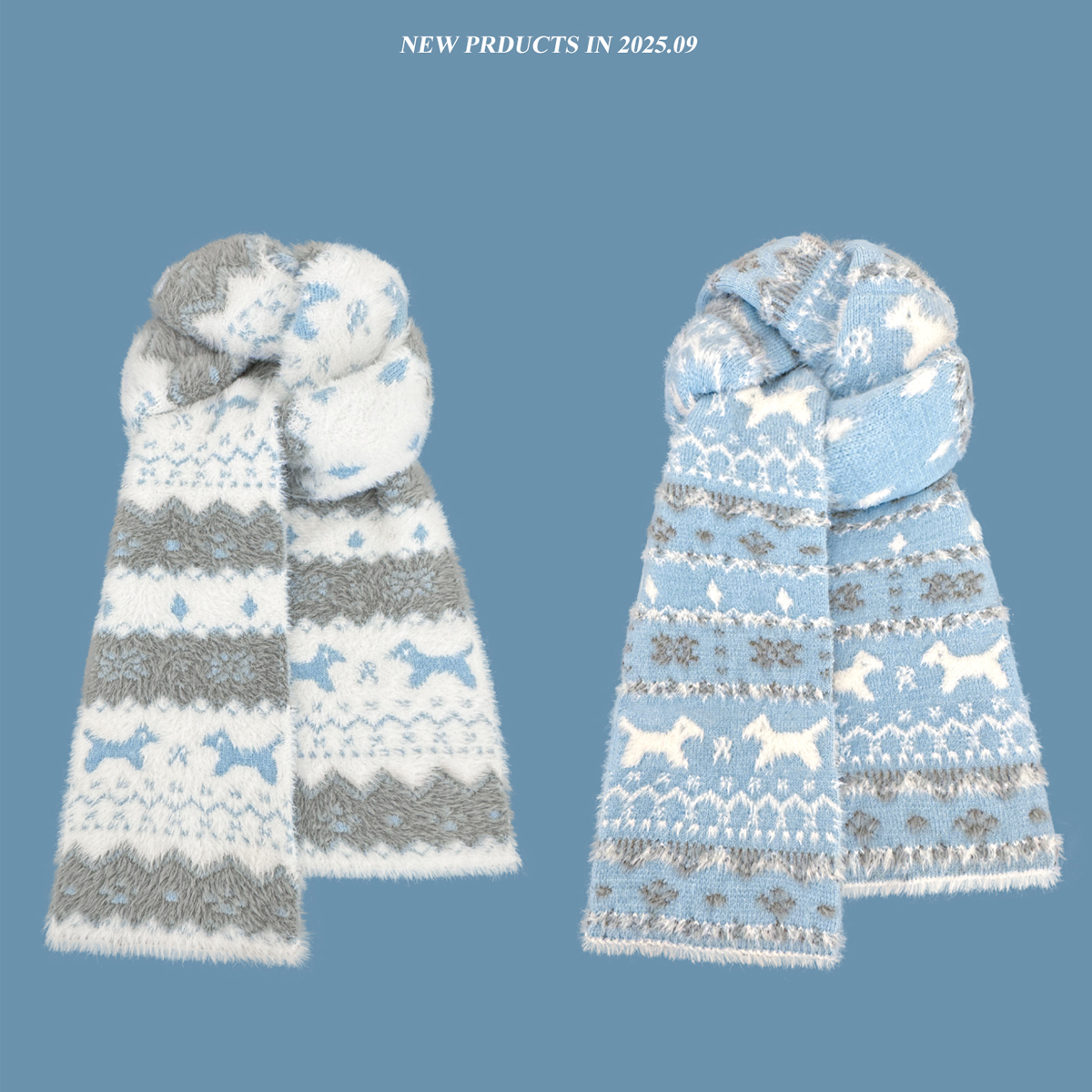 双面针织围巾~费尔岛风可爱猫咪女秋冬保暖复古百搭围脖防风防寒