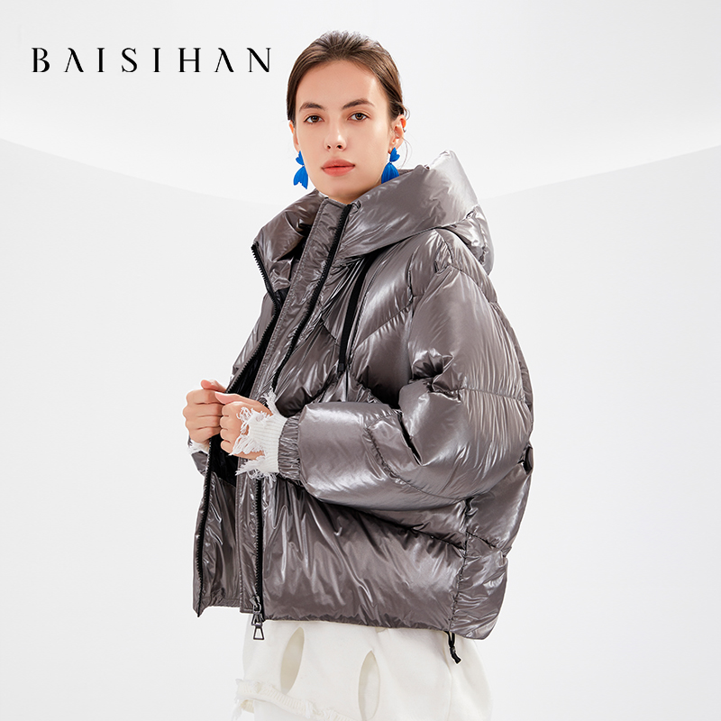 89582百思寒新款95鹅绒服短款加厚O型轻奢高端连帽面包服羽绒服女