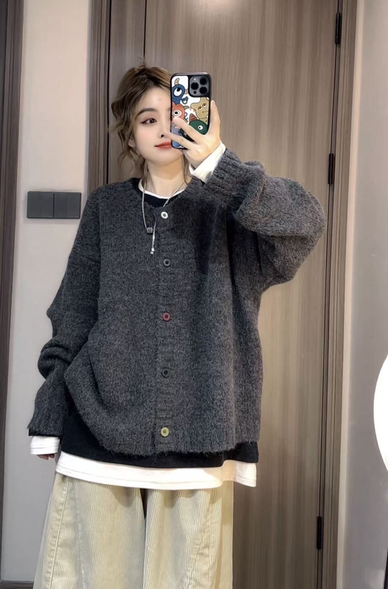 柚柚酱新款休闲百搭宽松彩色扣开衫毛衣