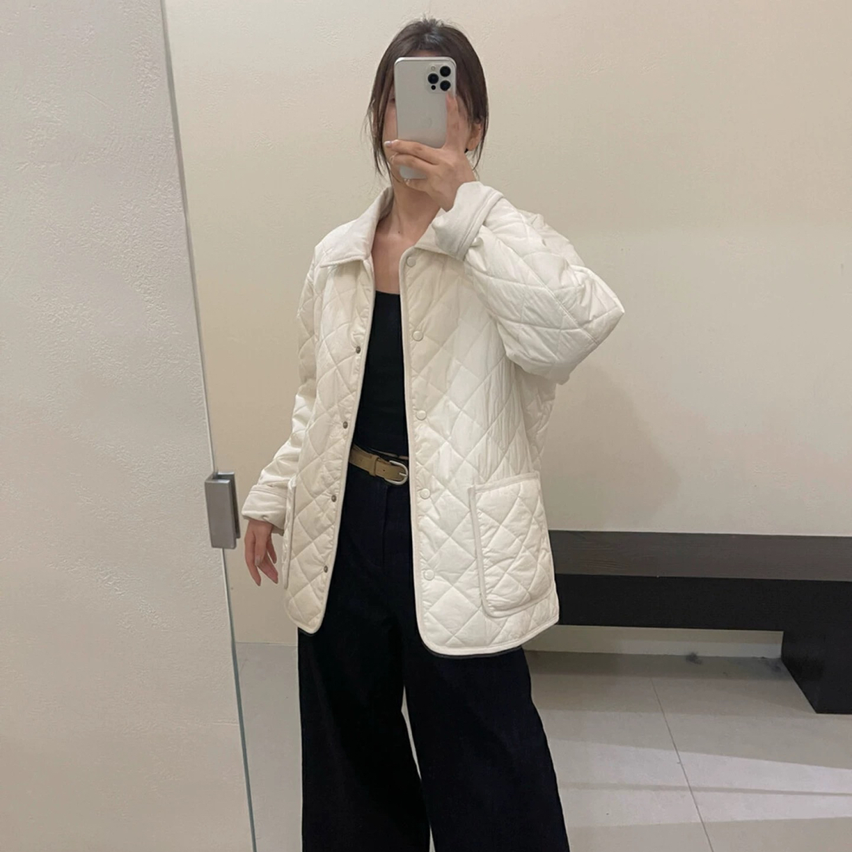 在韩 秋冬新款翻领菱格棉服外套