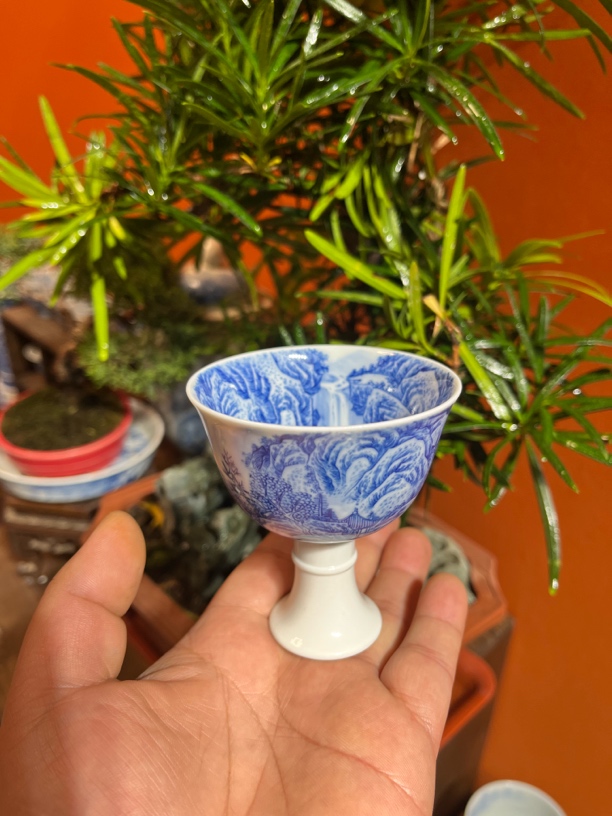 纯手工手绘釉下仿古泥青花里外满绘工笔山水高脚杯