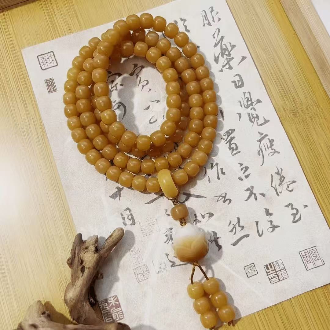 天然风化黄菩提根8x10mm108颗 莲花念珠脖挂文玩手串饰品（盘玩袋）