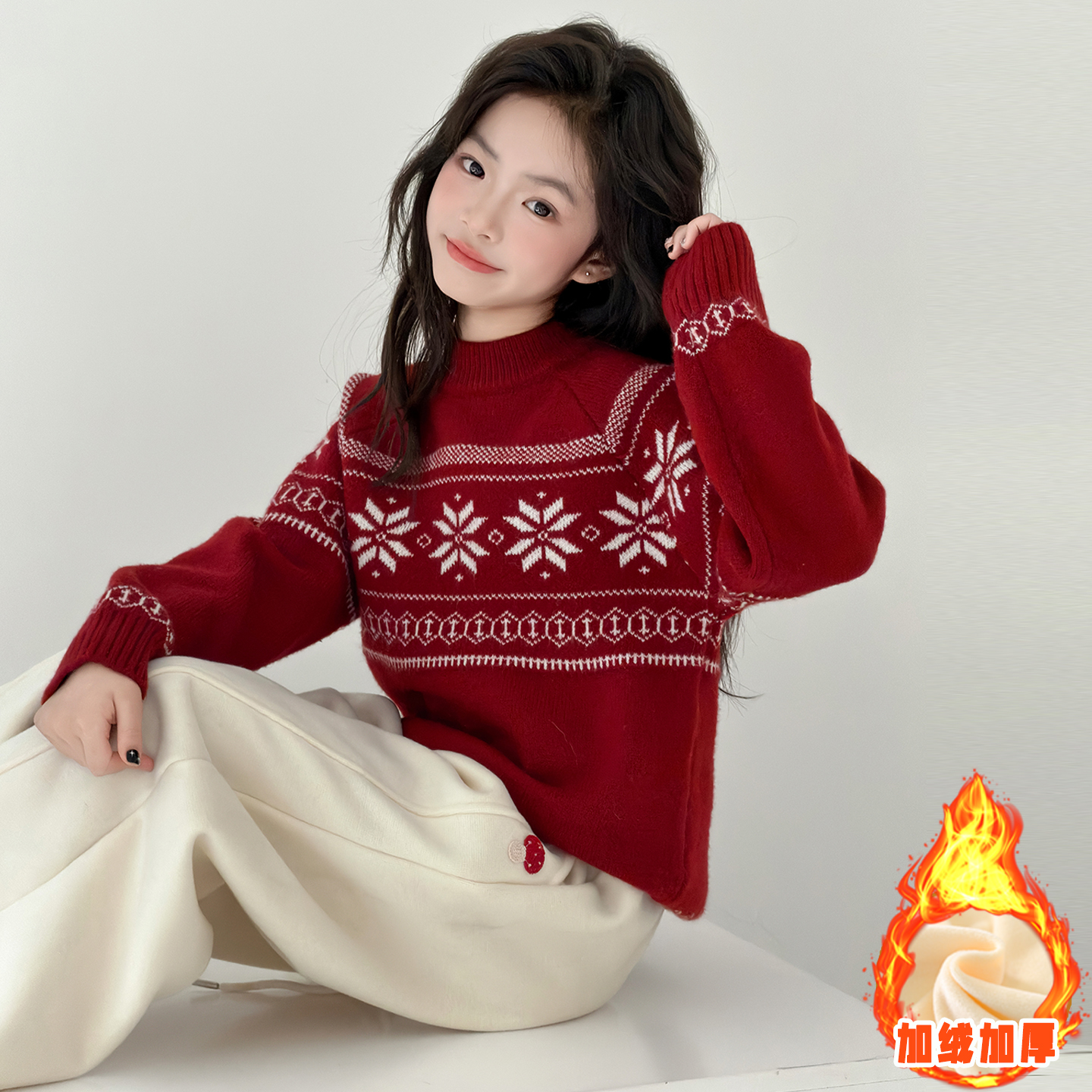 女童秋冬圣诞雪花毛衣2025新款中大童设计感慵懒休闲风套头针织衫