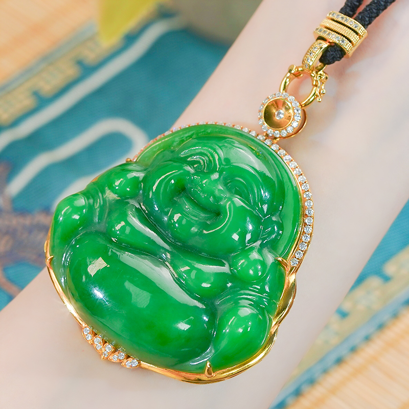 k金镶玉-天然和田玉碧玉大肚佛公吊坠