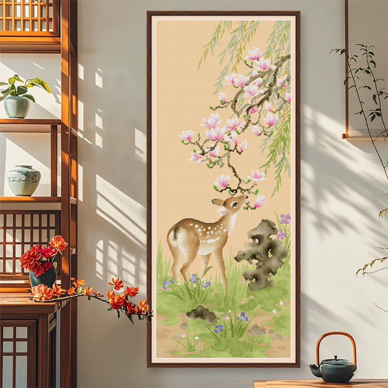 春天十字绣2025新款线绣竖版中式现代一鹿生花客厅玄关手工自己绣