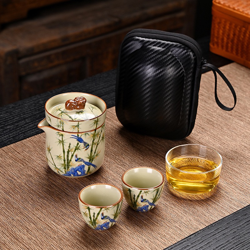 汝窑旅行便携式茶具户外功夫套装泡茶三杯一壶陶瓷露营客杯