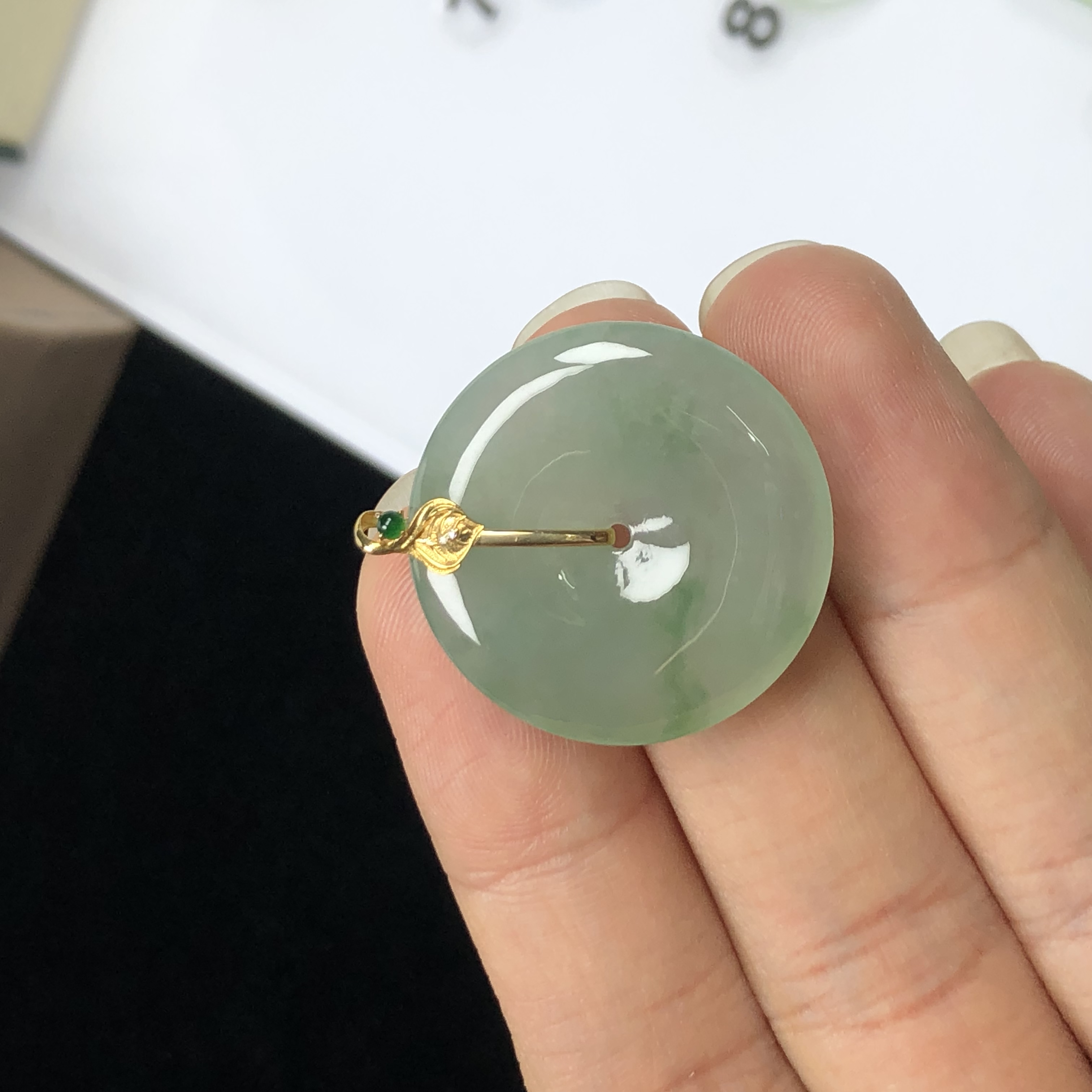 天然缅甸A货翡翠 冰飘绿花平安扣玉吊坠 男女款挂坠 时尚精致