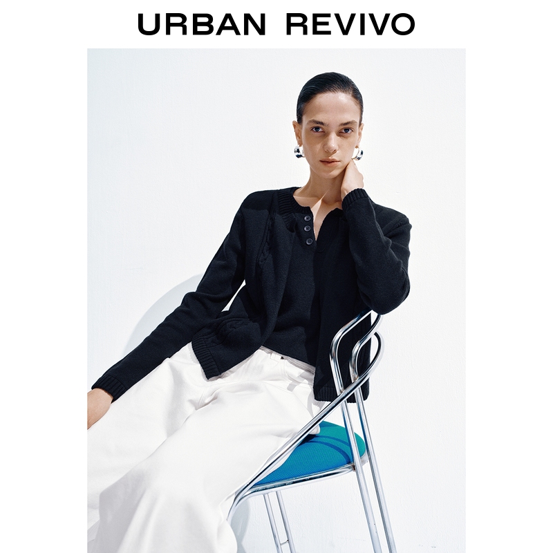 UR2025冬季新款女装简约休闲格雷系假两件针织衫UWU950034