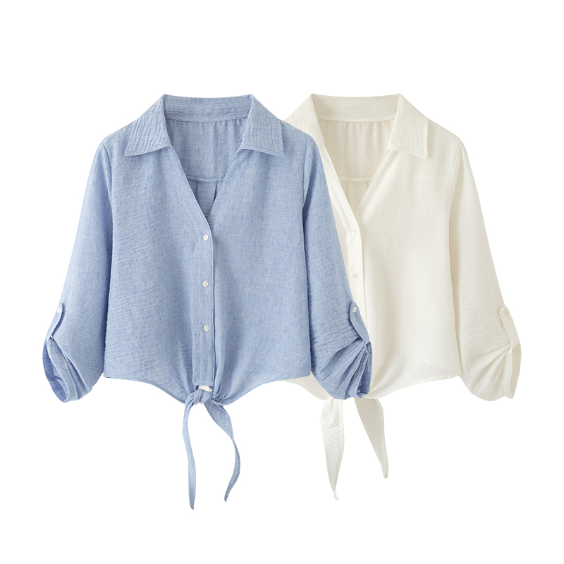 MM商场同款2025夏季新品百搭亚麻呼吸感短款衬衫空气衫衬衫女1221