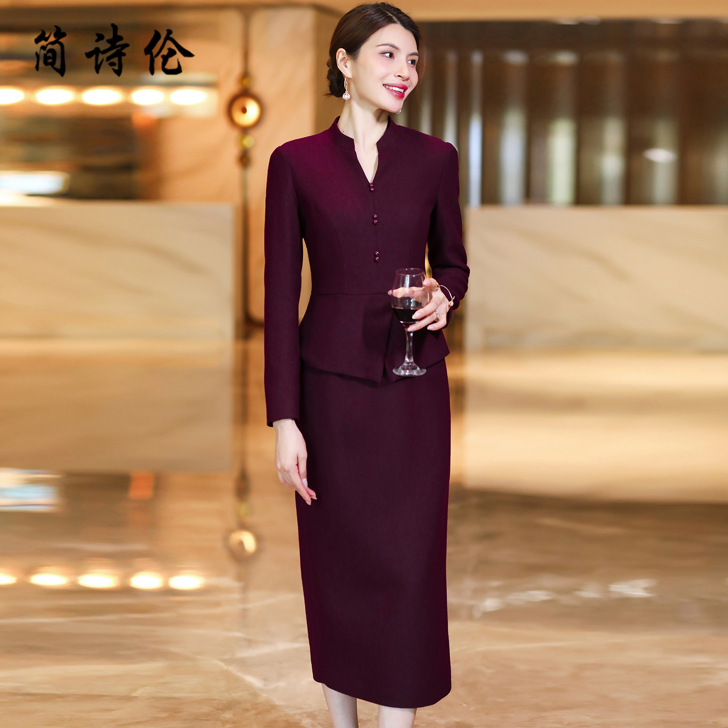 羊毛呢连衣裙女2025年冬季新款气质优雅长袖假两件保暖修身礼服裙