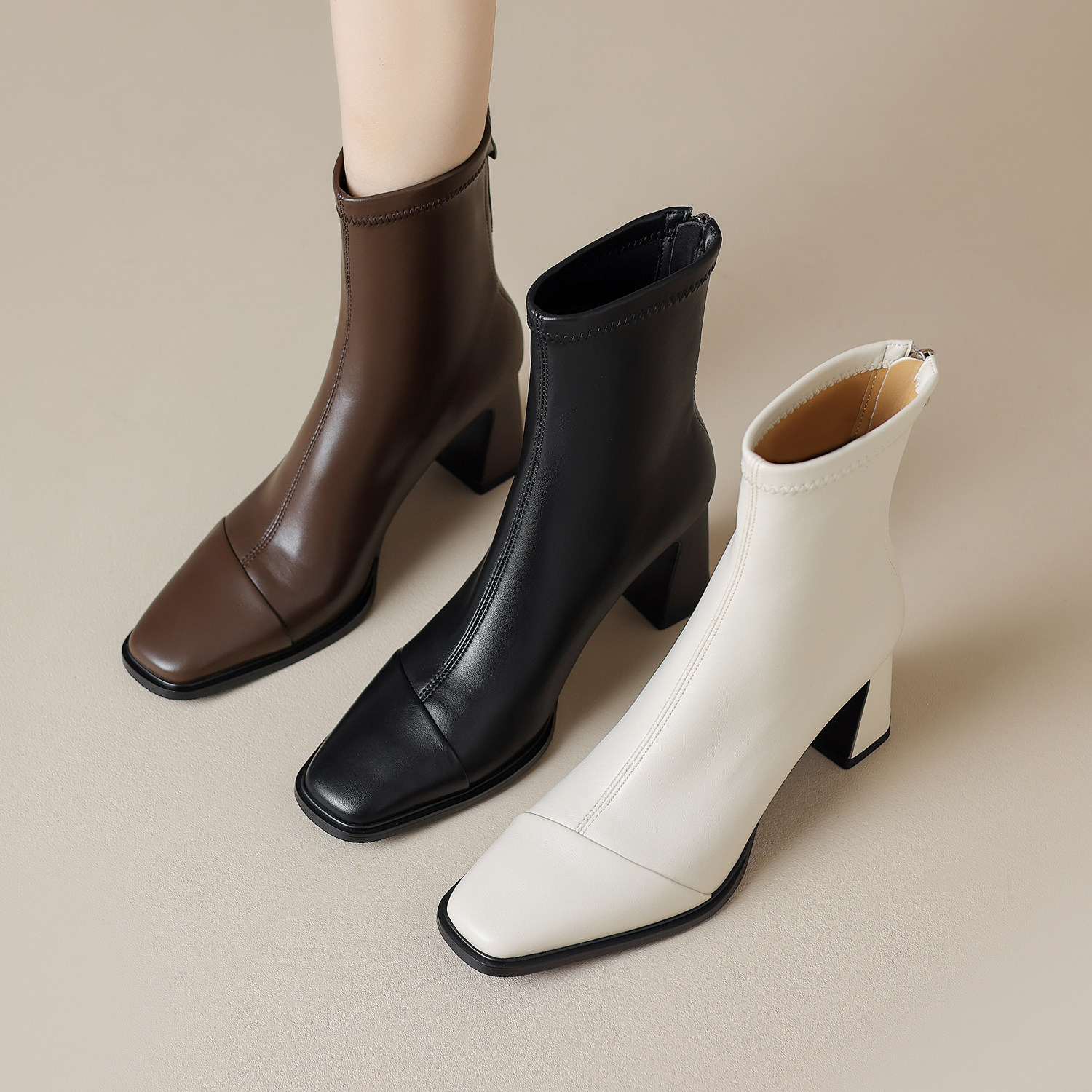 【跟高6cm】秋冬新款真皮百搭方头高跟短靴弹力靴女粗跟瘦瘦靴显瘦