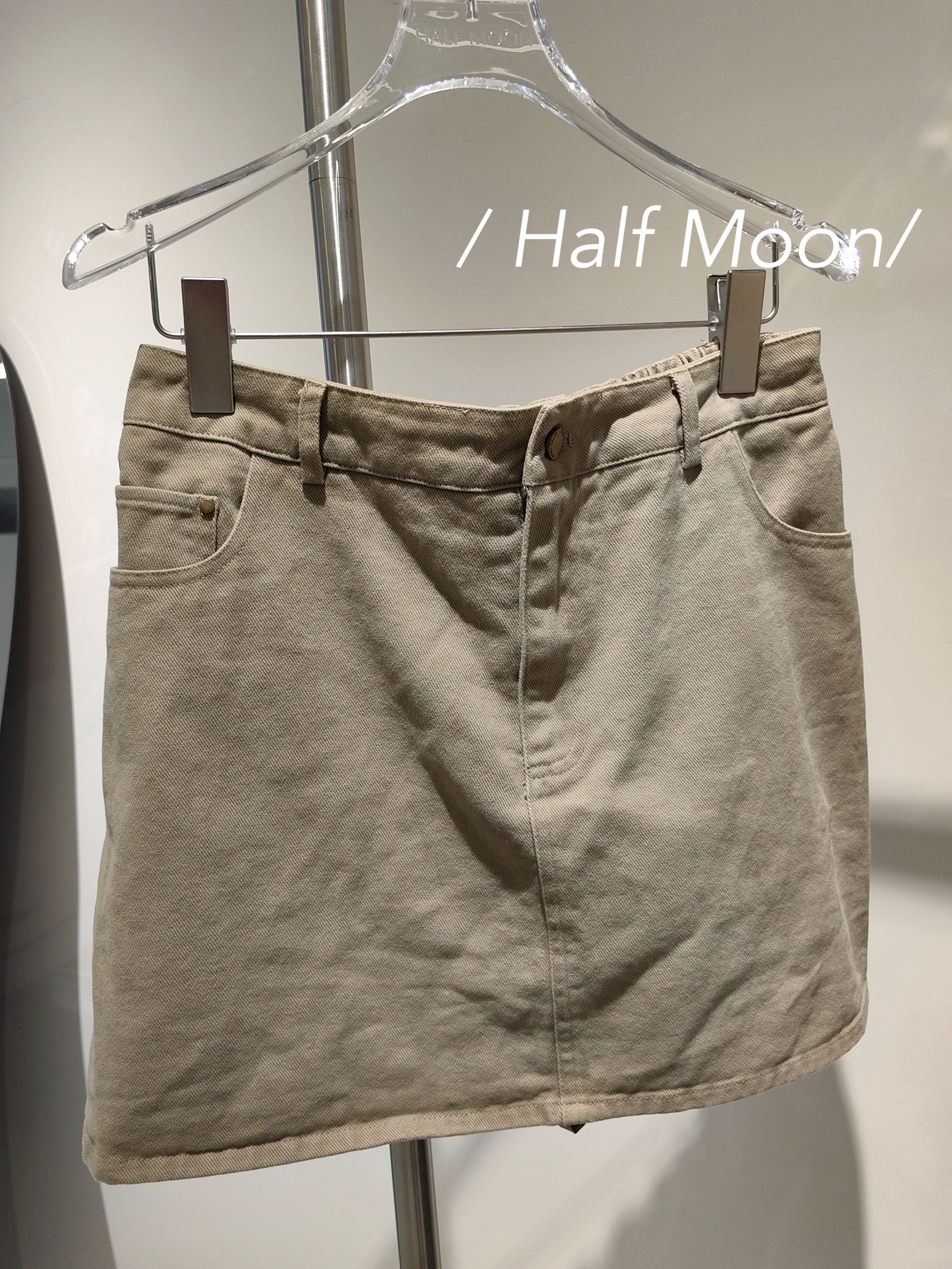 HALF MOON 胖丁家高品质高腰半松紧卡其色A字牛仔半裙