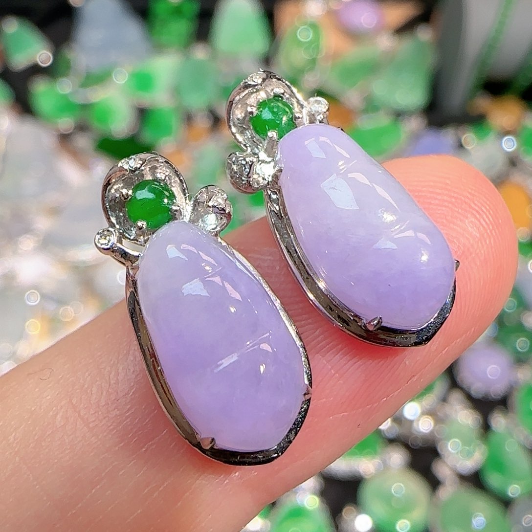 翡翠耳饰18K金镶嵌紫罗兰福豆耳钉