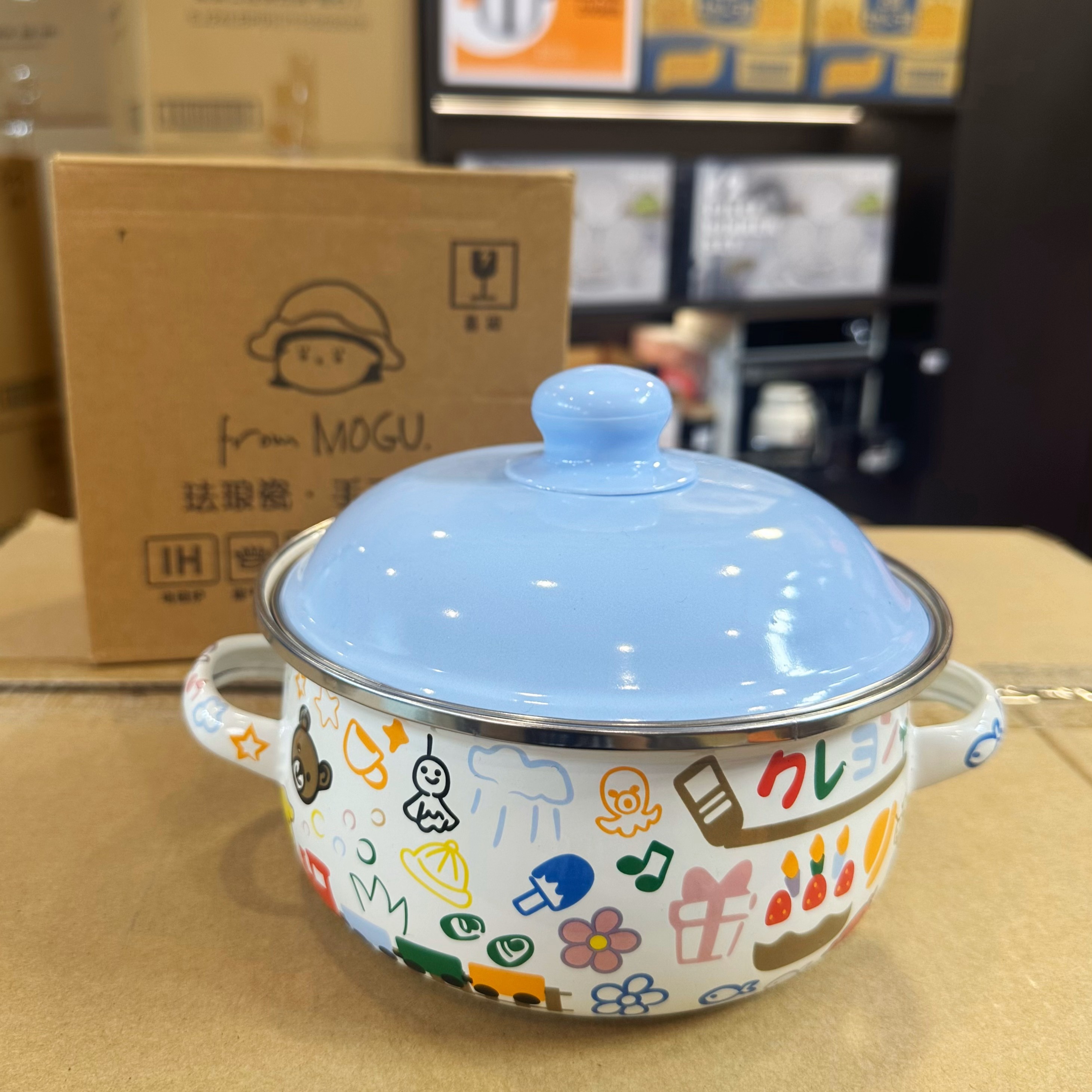 蘑菇家居18cm卡通风铃蓝盖1.5L加厚珐琅锅汤锅奶锅宝宝辅食锅泡面