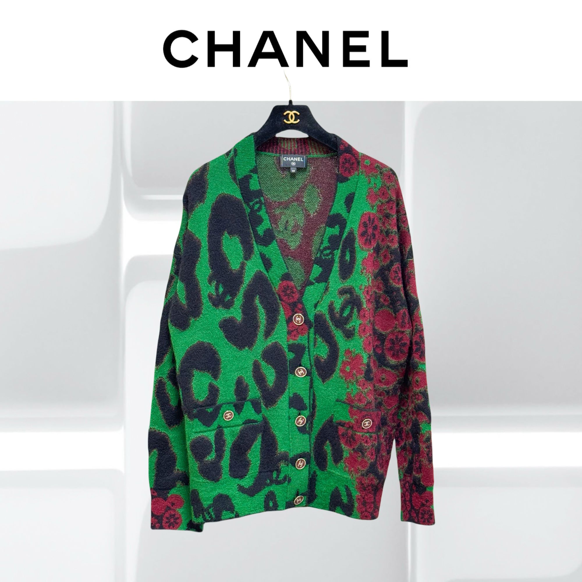 99新 Chanel/香奈儿 38码 绿色拼黑色拼红色 长袖 针织 开衫
