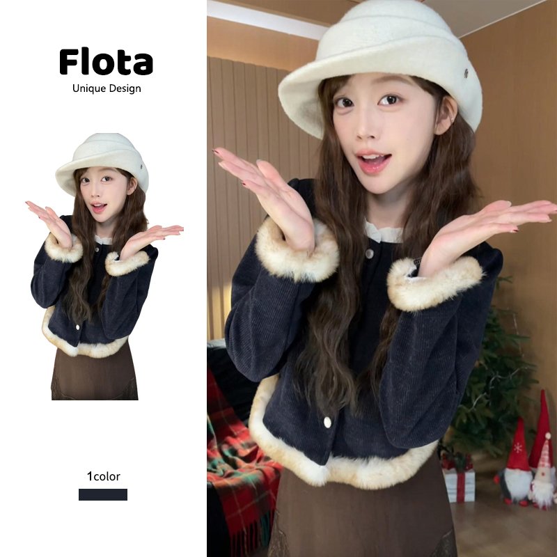 高级感拼接圆领长袖针织衫女法式小香风毛绒保暖秋冬新款3255