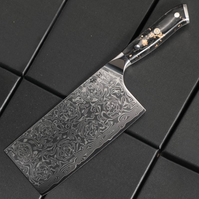 《影》大马士革碳纤维玫瑰纹家用切片中式菜刀10cr15mov