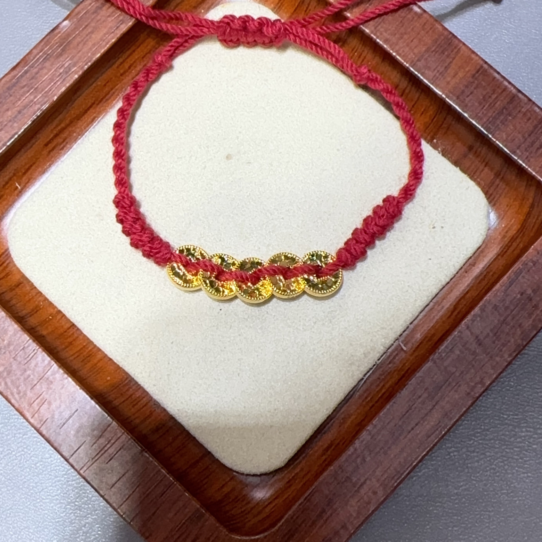 足金999碎冰冰五帝币8.2mm大小红绳款男女可戴5D硬金工艺